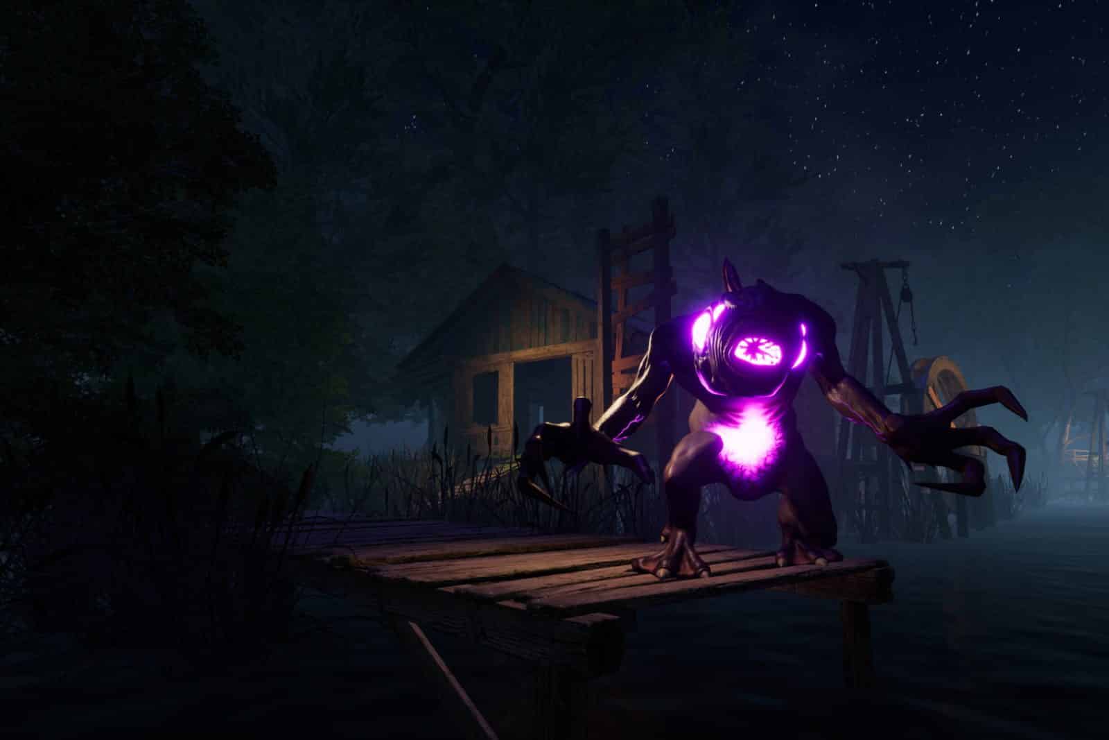 Een paars monster op een steiger in het moeras van The Raft