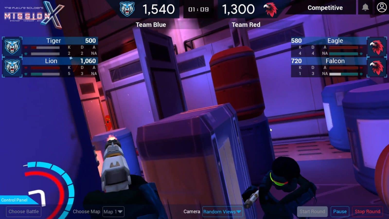 Het scorebord boven een paars ruimteschip in Mission X