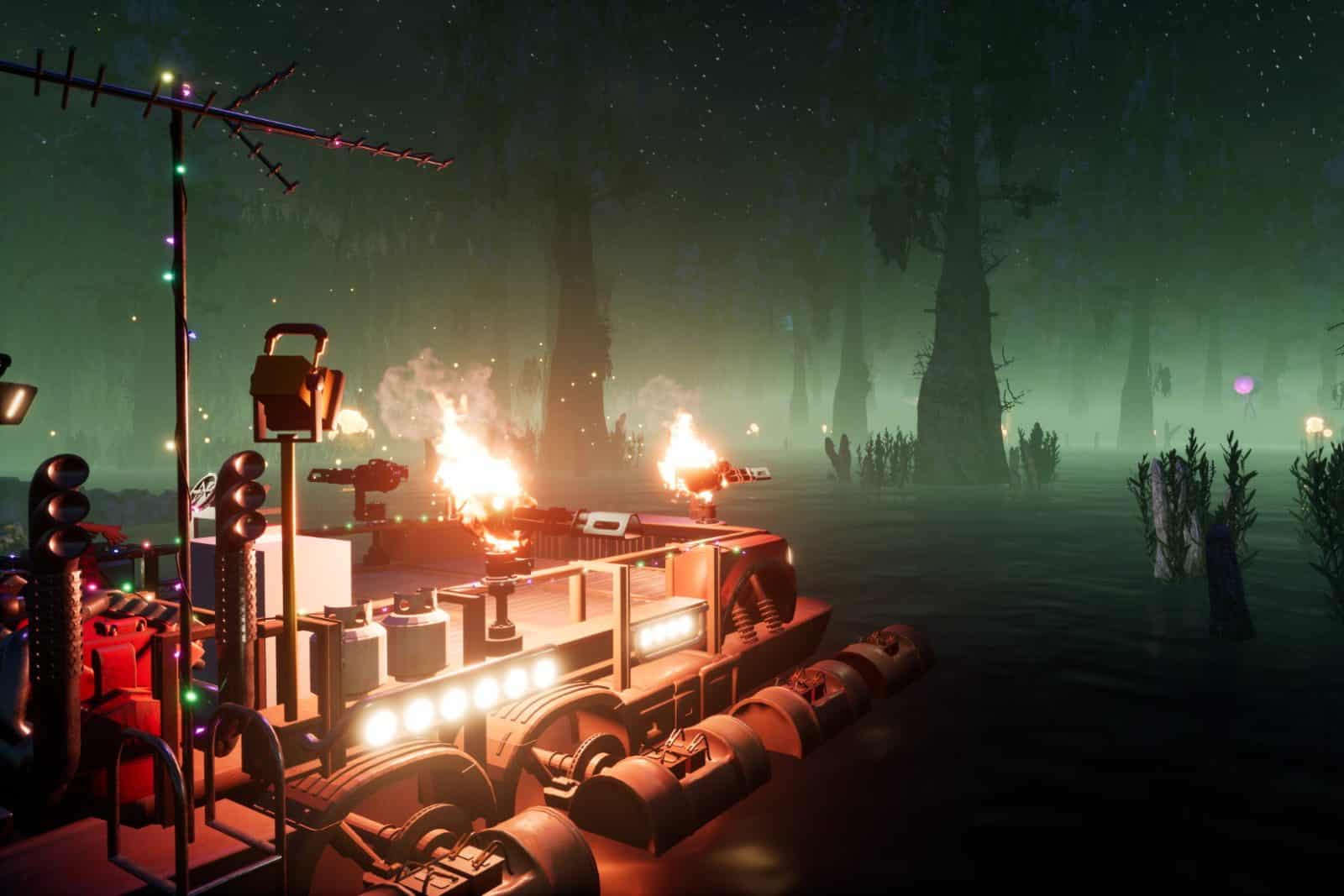 Een vlot met fakkels in het moeras van The Raft